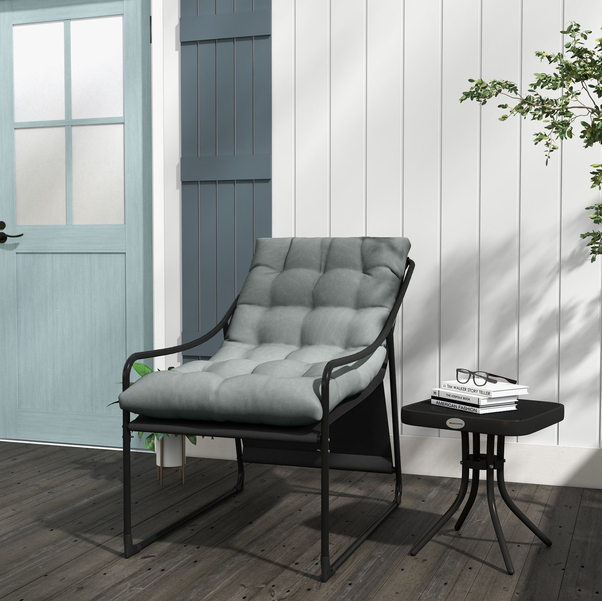MIVRAY Fauteuil - Tuin Loungestoel 62 x 110 x 88 cm - Met 10 cm Dik Zitkussen En Armleuningen - Voor Tuin En Balkon - Stof Metaal Grijs
