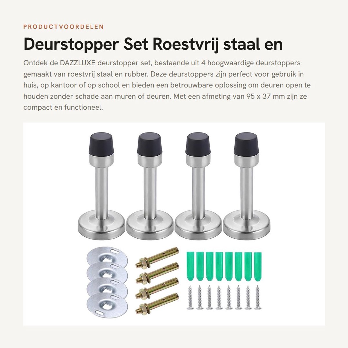 Dailygoods- Deurstoppers 4 Stuks - Roestvrij Staal/Rubber - Wandbescherming - Duurzaam - Geschikt voor Thuis/Kantoor - Afmetingen 95 x 37 mm - Deurbuffer