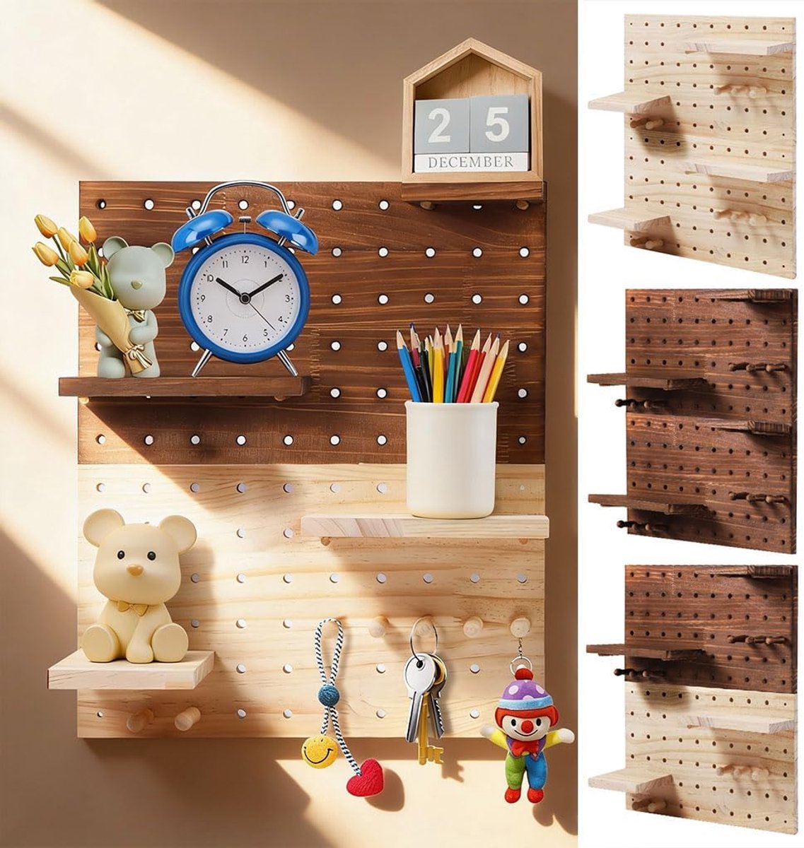 eiken met plank en haken, 16-voudige sleutelorganizer voor muur, stabiel houten sleutelbord voor hal, slaapkamer, kantoor (38 x 45,6 cm/76 x 22,8 cm)