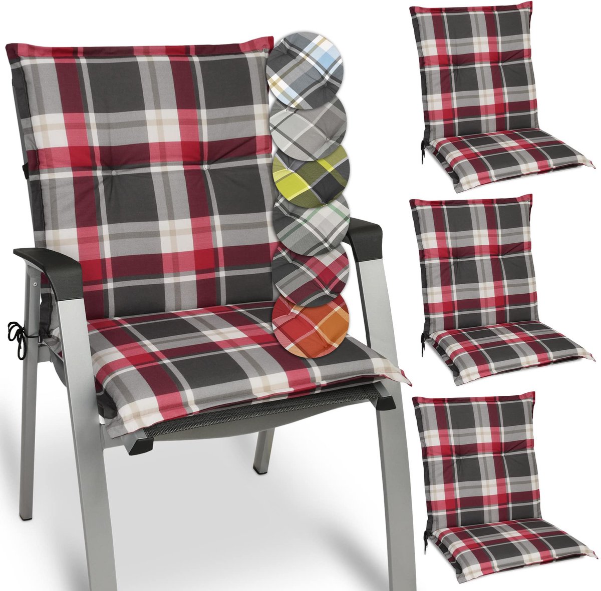 Tuinkussens met Lage Rugleuning voor Tuinstoelen 100 x 50 cm Sunny RK – Comfortabele Tuinstoel Stoelkussens met UV-lichtechtheid Kussens in Rood Grijs Geruit