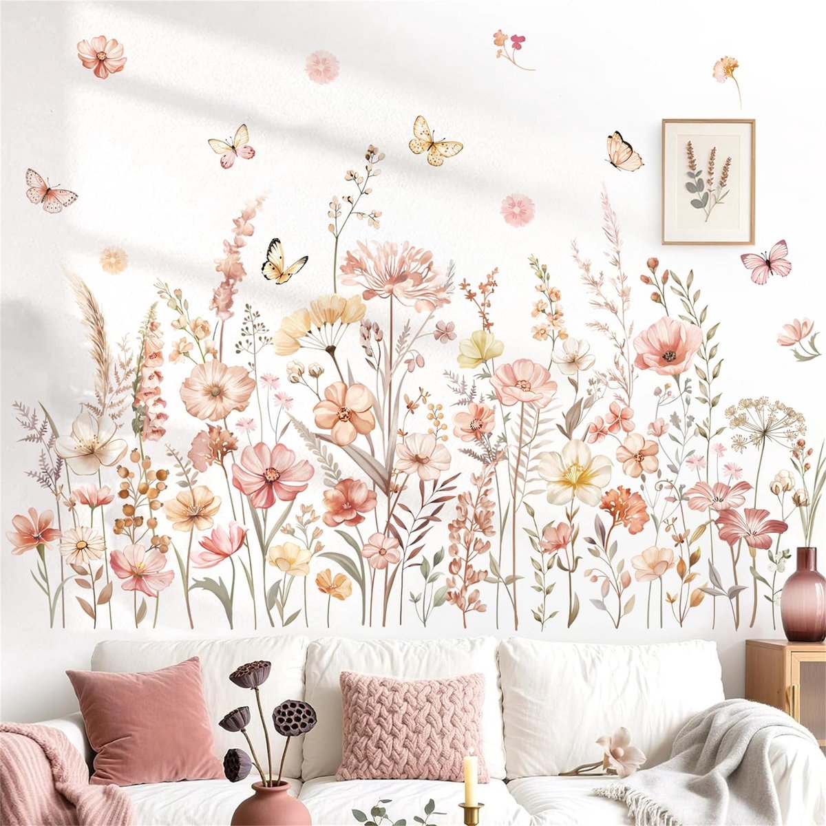 decalmile Aquarel Boho Bloemen Muurstickers Wildflower Bloemen Gras Planten Vlinder Muurstickers Slaapkamer Woonkamer Sofa TV Achtergrond Home Decor