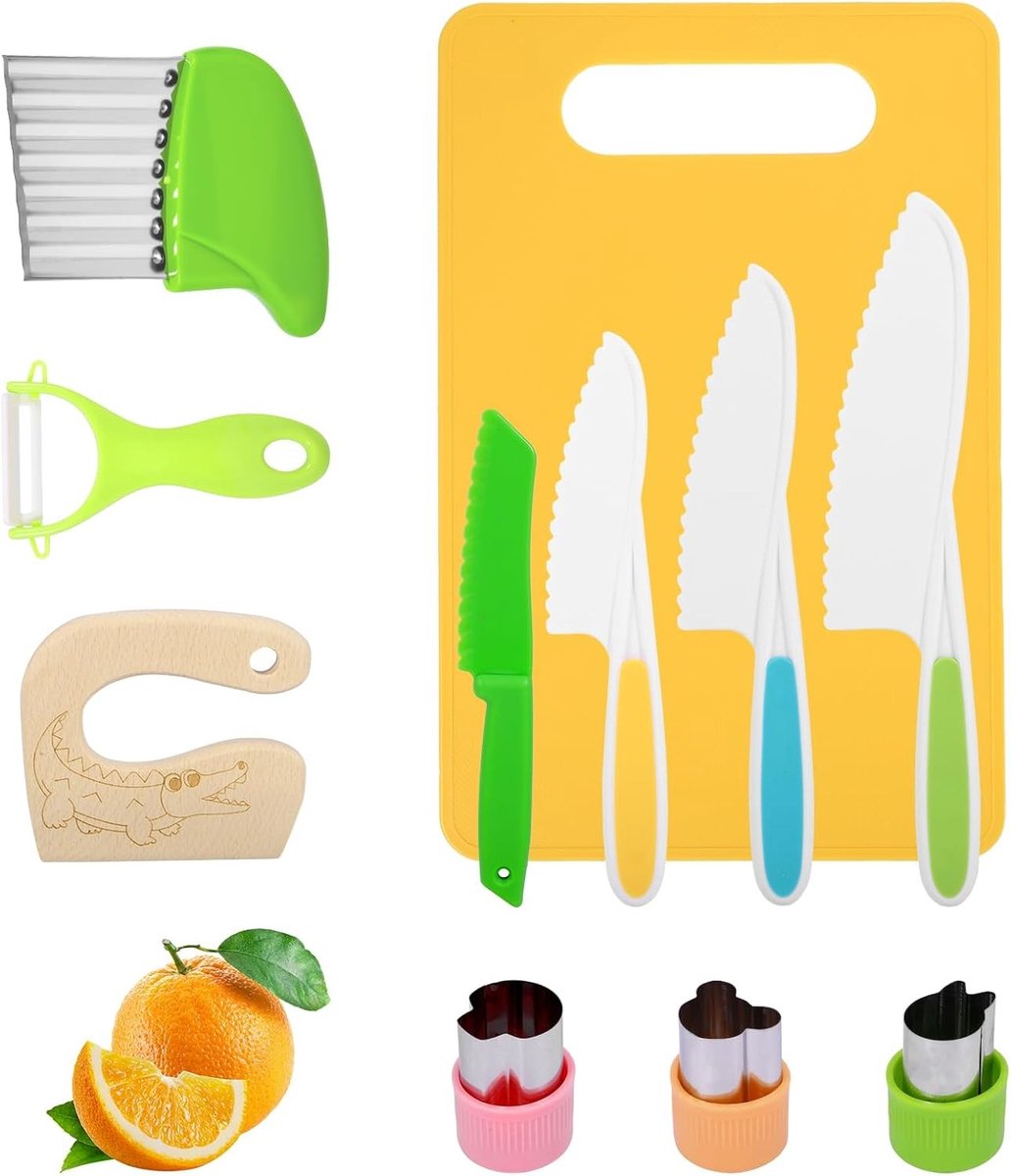 Complete Kookset voor Kinderen met 11 Stukken, Veilige Keukenmessen en Snijplank voor Fruit en Groenten, Educatieve Kookervaring voor Kinderen vanaf 2 Jaar
