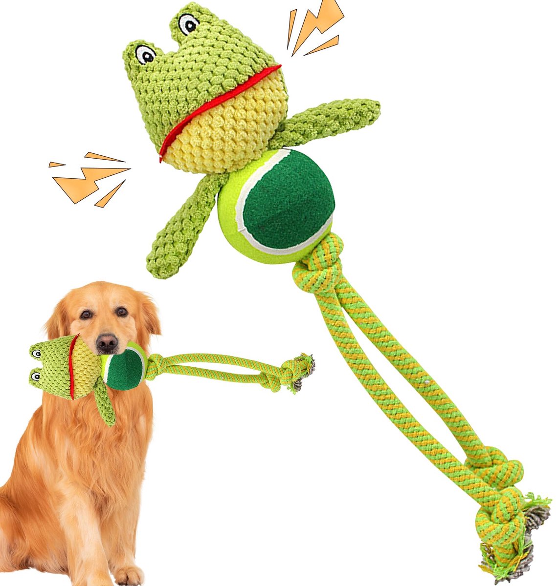 speelgoed voor honden, interactief hondenspeelgoed met piep en trekkoord, pluche piepspeelgoed, bal, touwtrekken, hondenspeelgoed voor puppy's, klein, middelgroot, groot, kikker