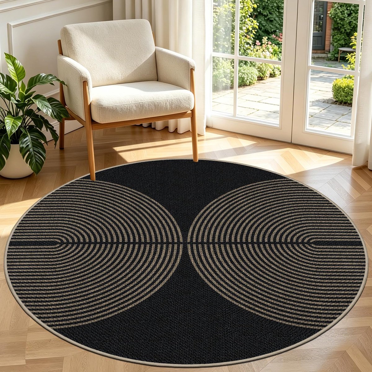 Rond, 120 cm, jute-look, outdoortapijt, weerbestendig, wasbaar, antislip, natuurlijk tapijt voor woonkamer, balkon, terras, keuken, tuin, kleur: zwart/natuurlijke kleuren