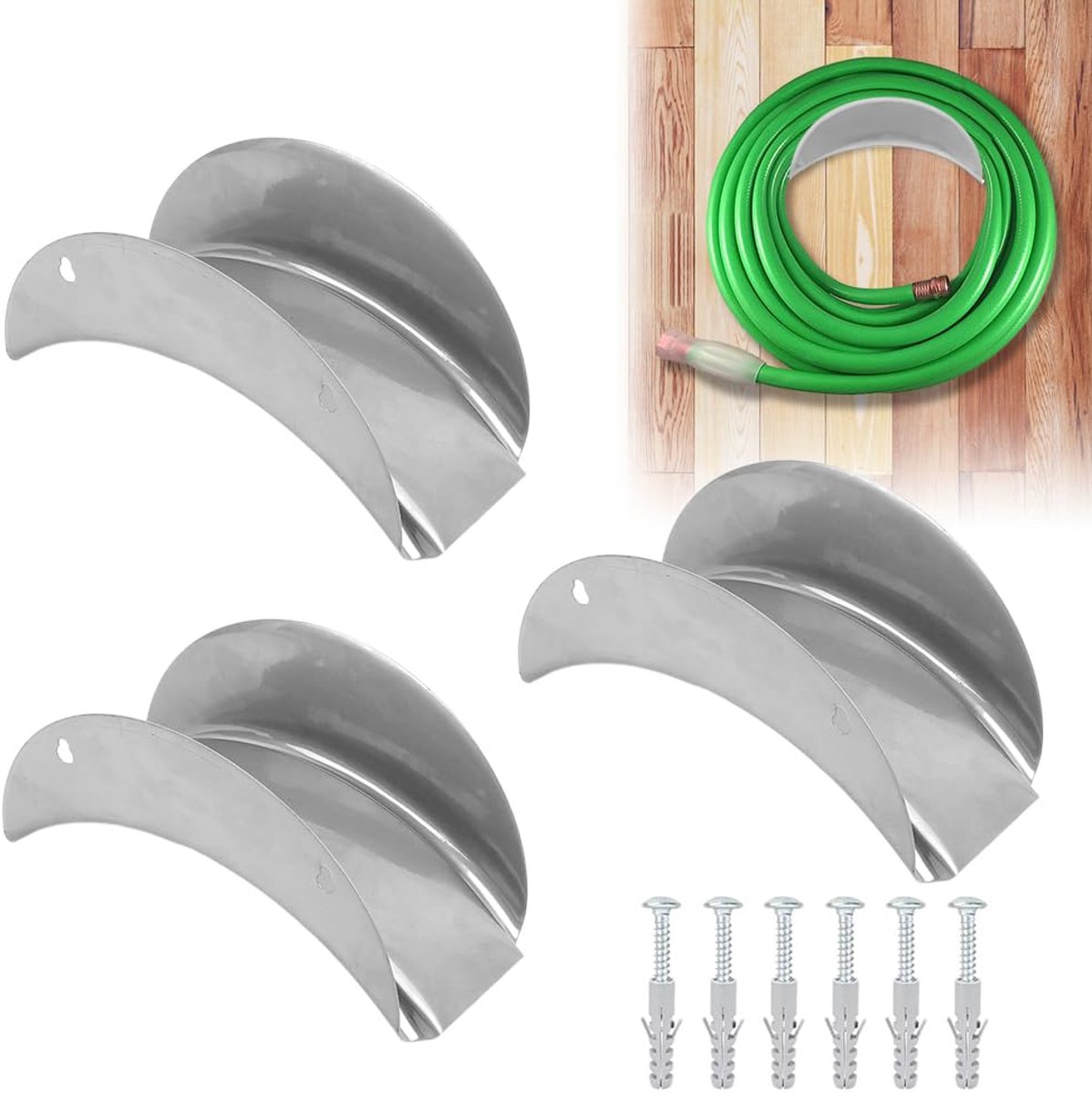 Slanghouder voor aan de muur, 3 stuks tuinslanghouders, wandslanghouder, corrosiebestendige slanghouder en roestvrij slangframe met schroeven en expansieschroeven, voor slangophanging