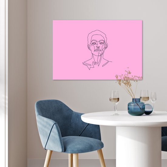 Femme art Line avec les cheveux courts sur un papier d'affiche de fond rose 90x60 cm - impression photo sur l' affiche (décoration murale salon / chambre à coucher)
