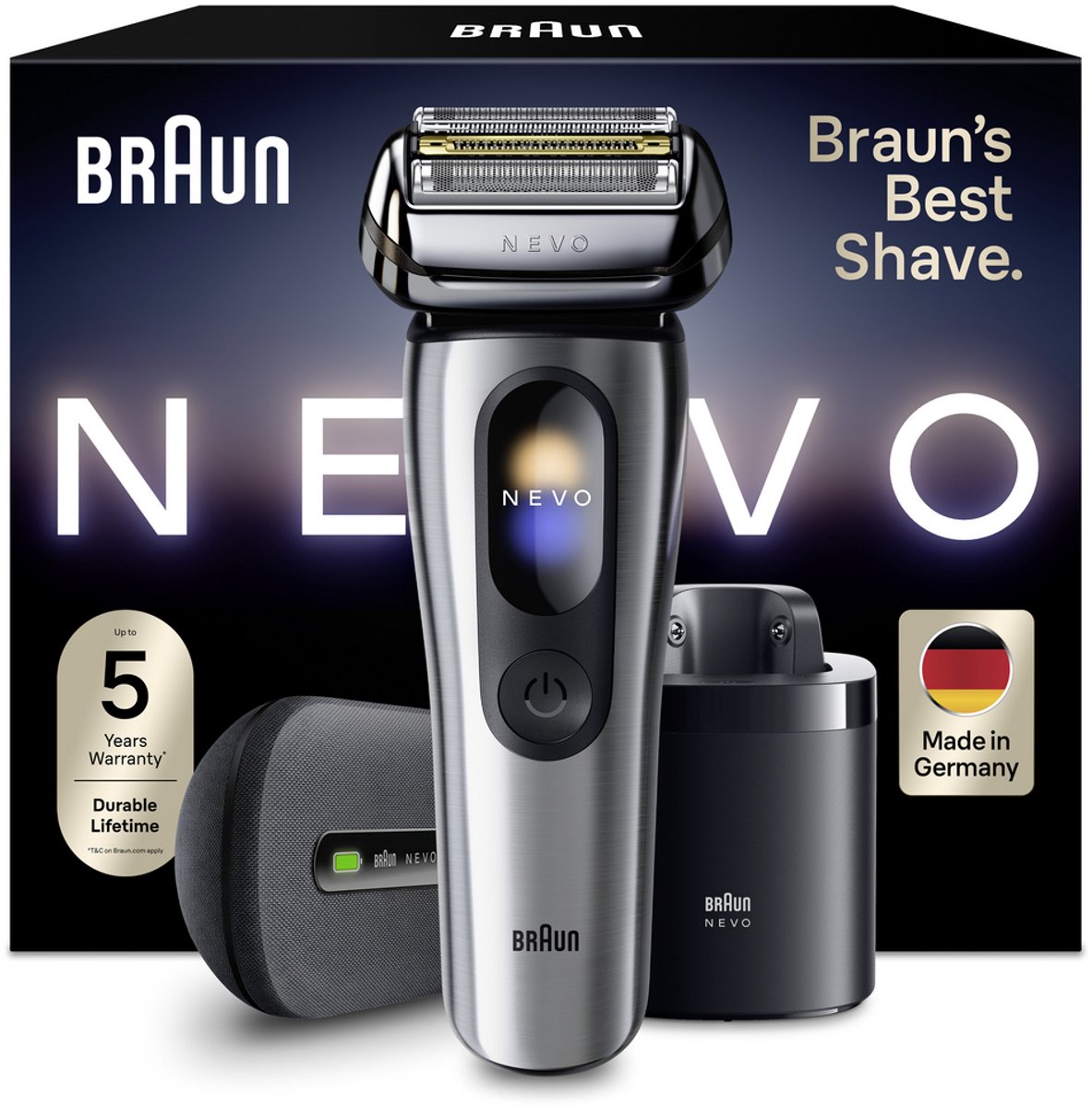 Braun NEVO Elektrisch Scheerapparaat - met AeroTouch-technologie - Smart display - Inclusief 7in1 NEVO Care System - Reisetui met Stroomvoorziening - NEVO17000C - Zilver - Scheerapparaat voor Mannen