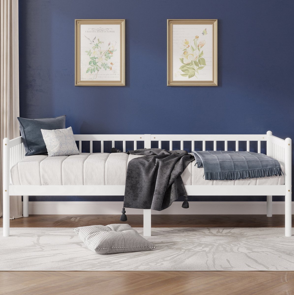 FloraGrace Bedbank 90x200 cm - 3-Zijdige Uitvalbeveiliging - Lattenbodem Met 14 Latten - Onderbedruimte - Eenpersoons Houten Bedframe - Zonder Matras - Wit White
