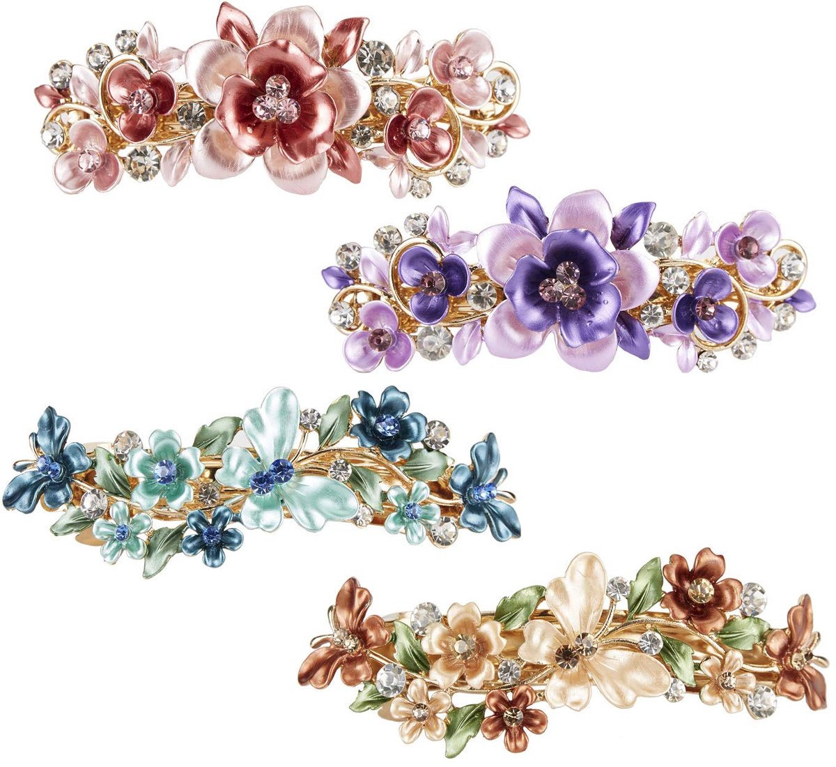 4 Pack Fancy Delicate Bloemen Vlinderblad Juwelen Gems Rhinestone Glitter Sparkly Metalen Haarspeldjes Snap Haarspeldjes Grip Haarspelden Klem Dikke Haar Paardenstaart Houder Broodje Chignon Accessoir