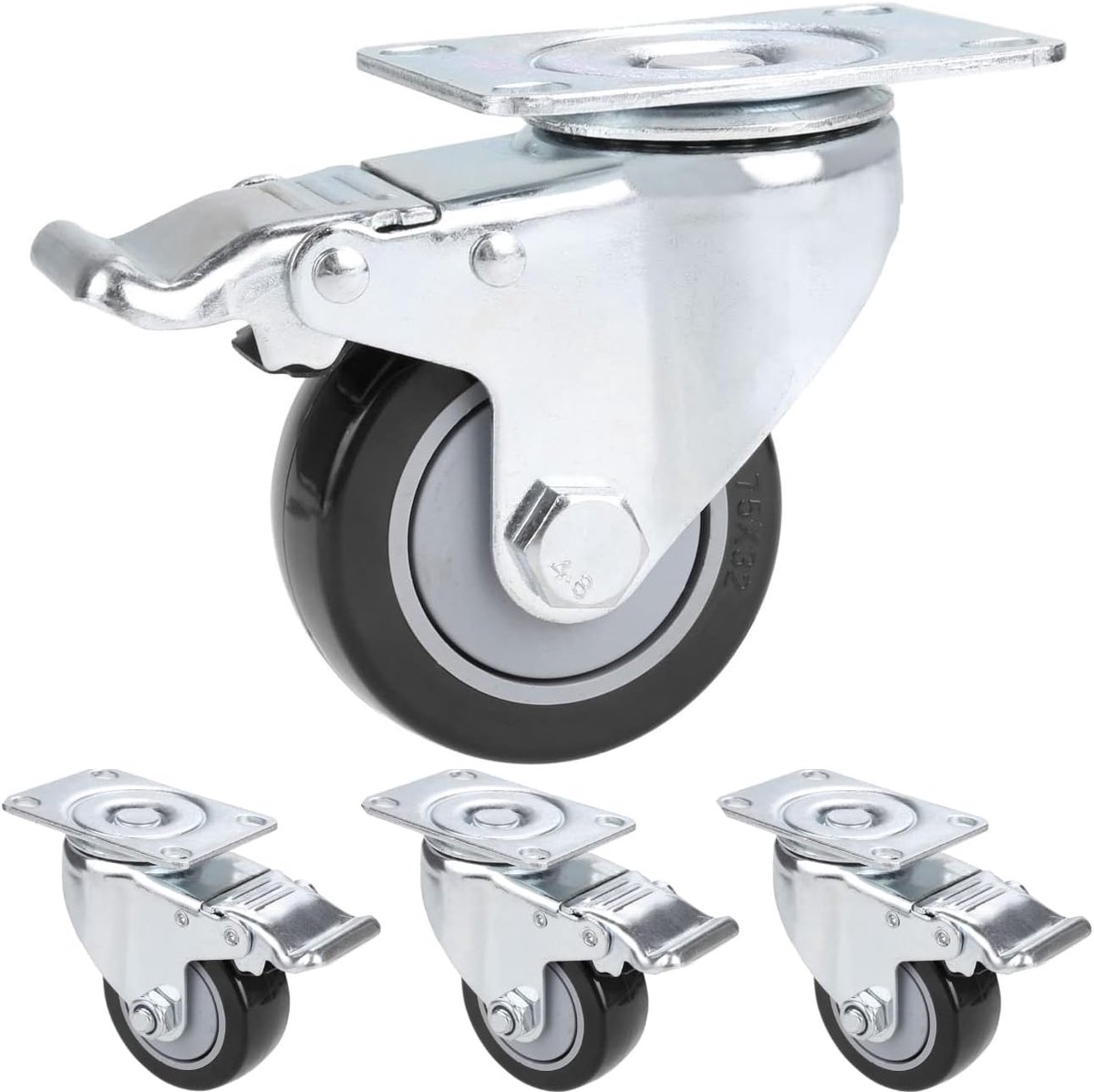 Set van 4 Transportwielen, 4 x Meubelwielen, 360° Draaibare Wielen met rem, Zwenkwielen voor Meubels, Draagkracht tot 400KG, Dubbele Kogellager, Stille Rubberen Zware Wielen