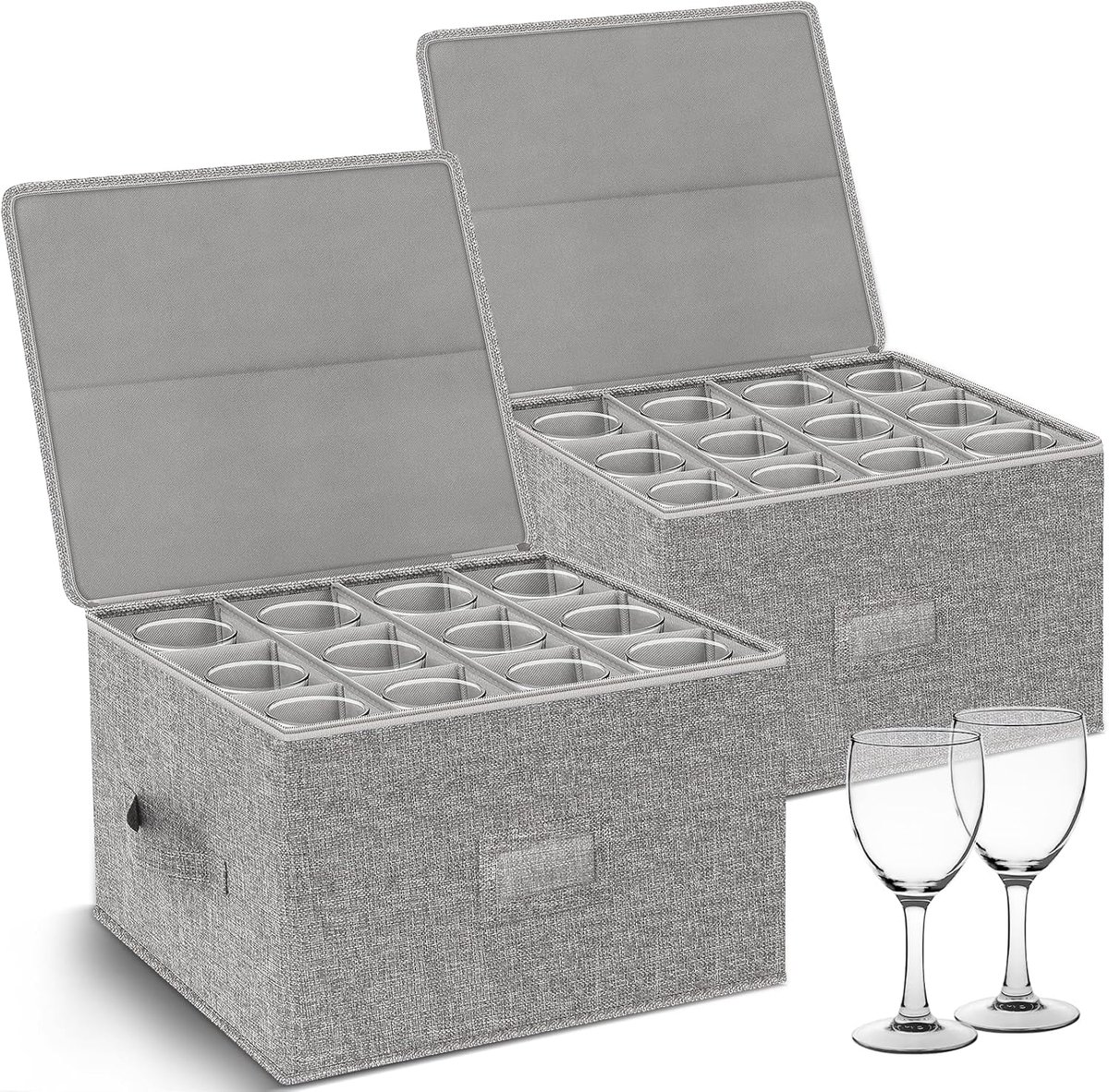Set van 2 opbergdozen voor wijnglazen, opvouwbare bewaardoos met scheidingswanden, beschermbox voor steelglazen, kristal- en champagneglazen, geschikt voor 12 glazen