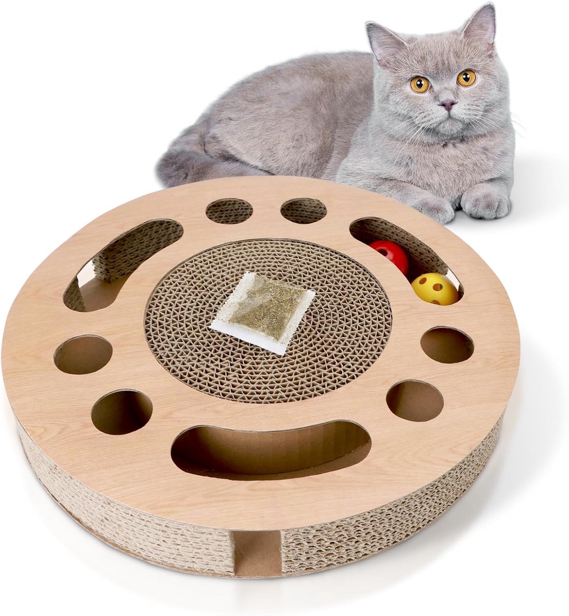 kattenkrabpaal met kattenkruid, ronde kartonnen krabpalen voor bed met 2 interactieve kattenspeelgoedballen