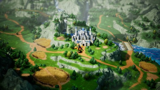 Kasteel op een heuvel in een levendige, groene wereld met landbouwvelden, een rivier en een brug. Een kleine figuur staat voor het kasteel.