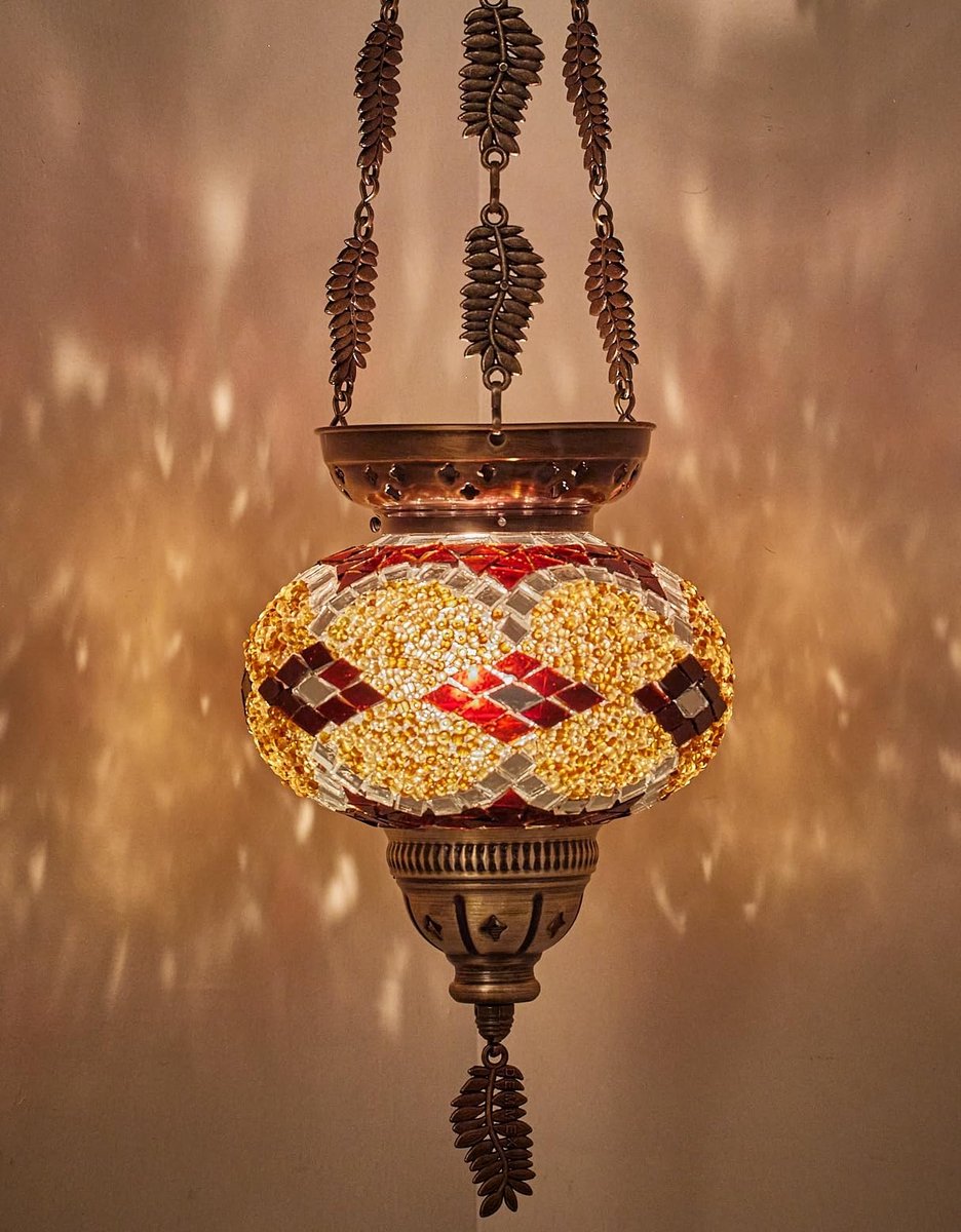 Turks-Marokkaanse kleurrijke mozaïek Boheemse Boho hangende kandelaar lantaarn met handgemaakte kleurrijke glazen bol en metalen bladkettingen, 60 cm (bruine therapie)