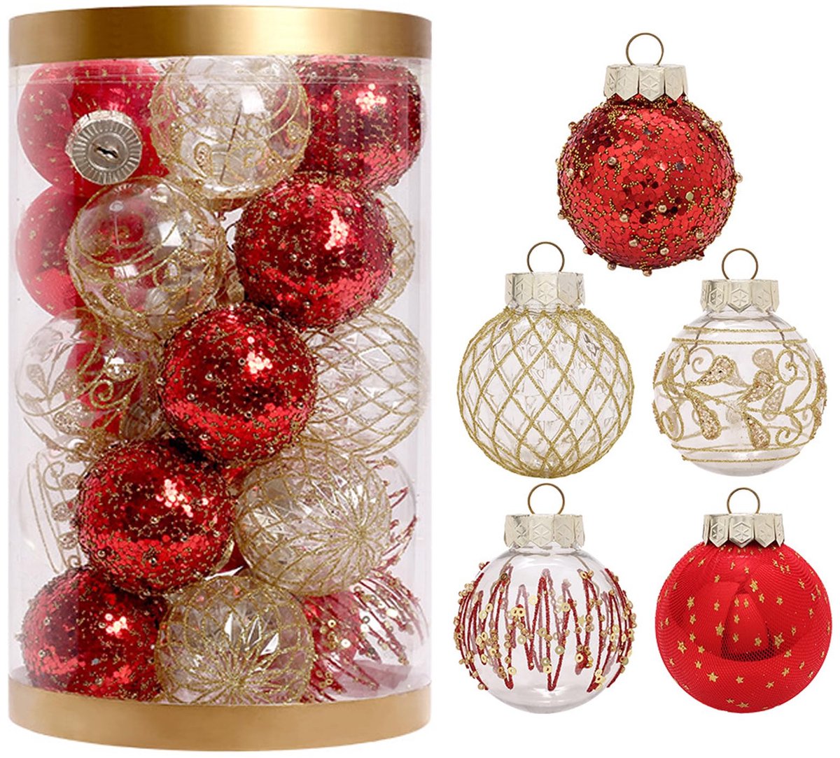 Kerstballen om op te hangen, voor thuis, feest, Kerstmis, bruiloftsdecoratie, vrolijke kerstboomversiering, 60 mm, hangende kerstballen, rood goud