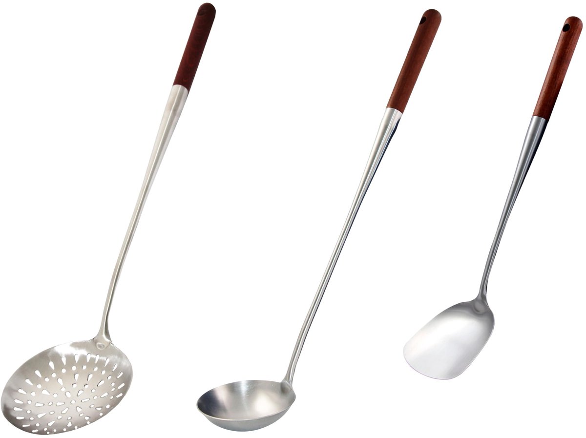 3-delige luxe set voor Kazan Kasan schuimspaan + pollepel 50 cm lang + keukenspatel 43 cm houten handvat schuimspaan soeplepel