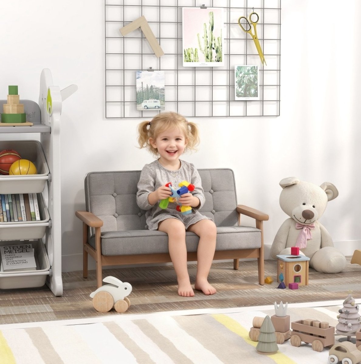 MEUNIQ Kindersofa 2-zits 77 x 42 x 48 cm met houten frame, armleuningen en gevoerde zitting, kinderfauteuil voor kinderkamer of speelkamer, grijs