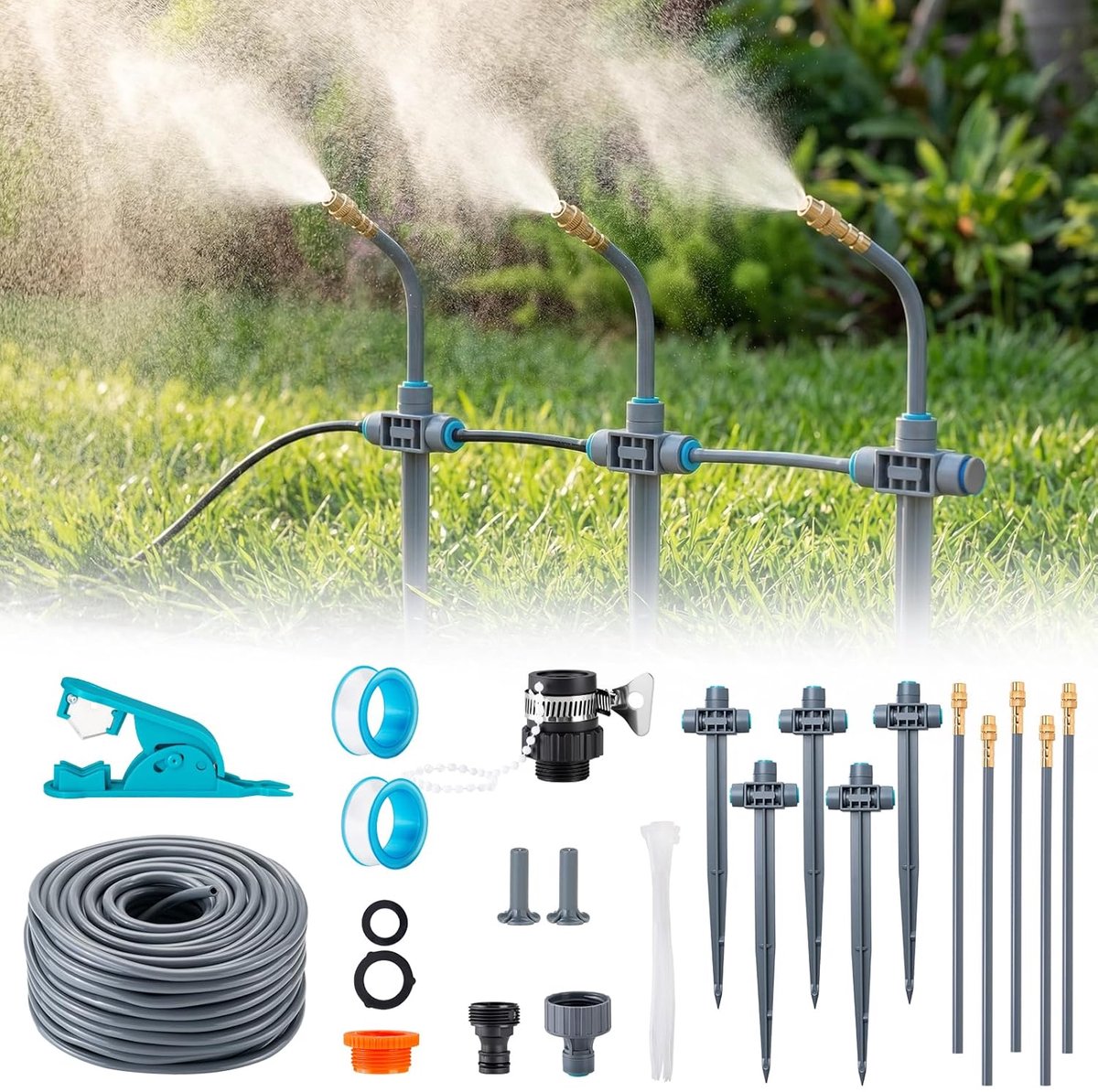 Tuinirrigatiesysteem met grondpen, 360 graden vrij verstelbaar, druppelirrigatie, nauwkeurige stroomregeling, sprinklersysteem, koelsysteem voor broeikas, bloembedden, terrassen, balkonplanten