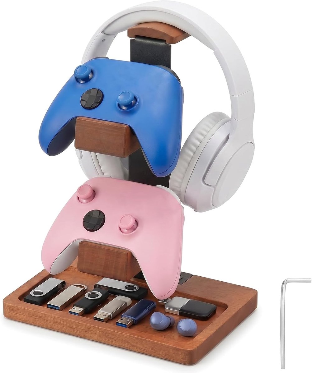 Controllerhouder en headsetstandaard van massief hout, 3 niveaus voor gaming-accessoires, bureau-organizer voor PS5 en Switch met opbergschaal, stijlvolle hoofdtelefoonhouder