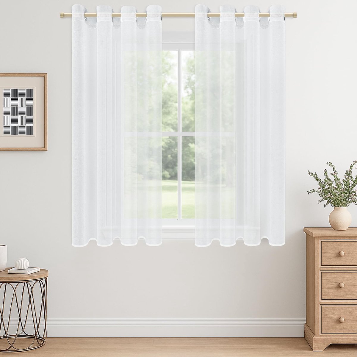 Gordijnen kort met ingestanste ringen, wit transparant, set van 2, 140 cm lang, 140 cm breed, raamgordijn, gordijn met inslagringen, vitrage, doorzichtig, voor keuken, slaapkamer, woonkamer