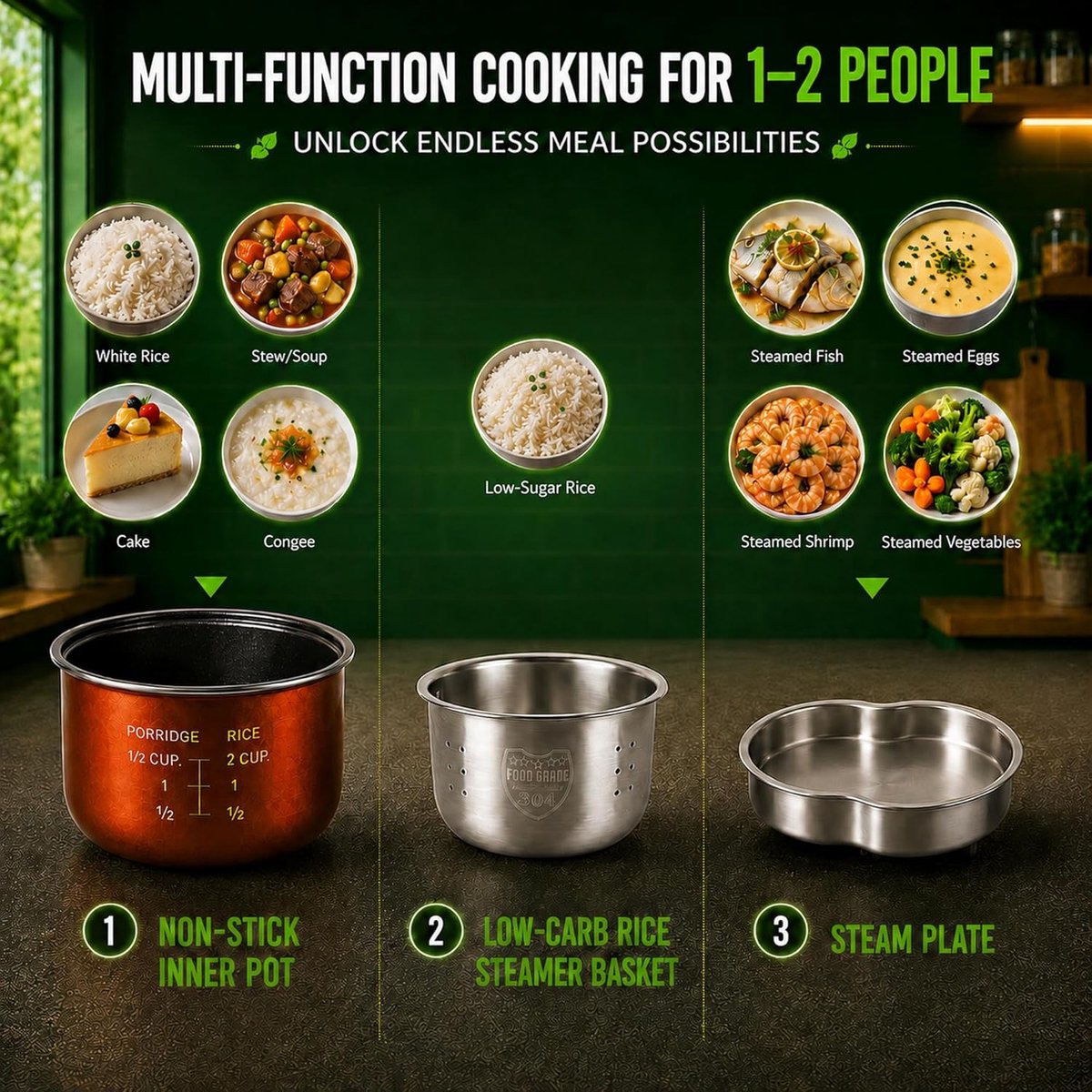 Rice Cooker Mini Elektrische rijstkoker, 1,2 l met Low Sugar-functie en stoompan voor 1-2 personen, 5 multicooker-programma's, Rice Cooker Mini met warmhoudfunctie, timer (groen) – foto 3