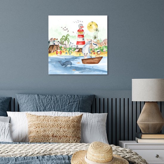 Poster kinderen - Wanddecoratie jongens - Strand - Dieren - Kinderen - Vuurtoren - Poster kinderkamer - 50x50 cm - Decoratie kinderkamers - Kinderkamer decoratie - Poster Babykamer — afbeelding 4