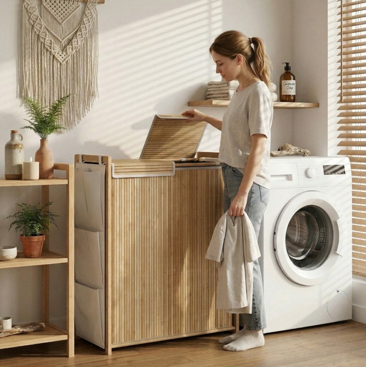 MEUNIQ Bamboe wasmand 120L met deksel en 2 uitneembare waszakken, 4 zijvakken, 63 x 33 x 78 cm, wassorteerder voor badkamer of wasruimte, naturel