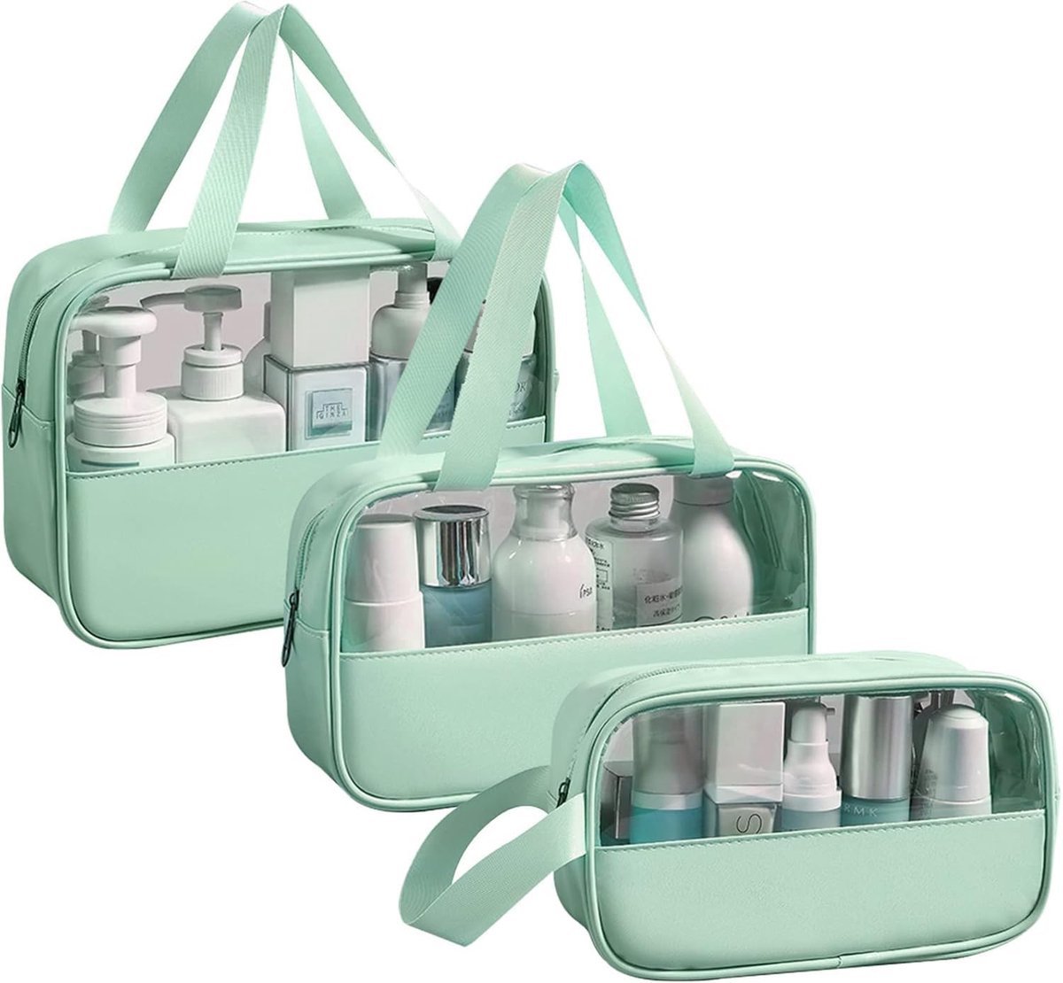 Transparante toilettas, 3-delig, toilettas van pvc, waterdicht, voor dames, lichte make-uptas voor op reis, Groen, 30x21x10 cm, transparant