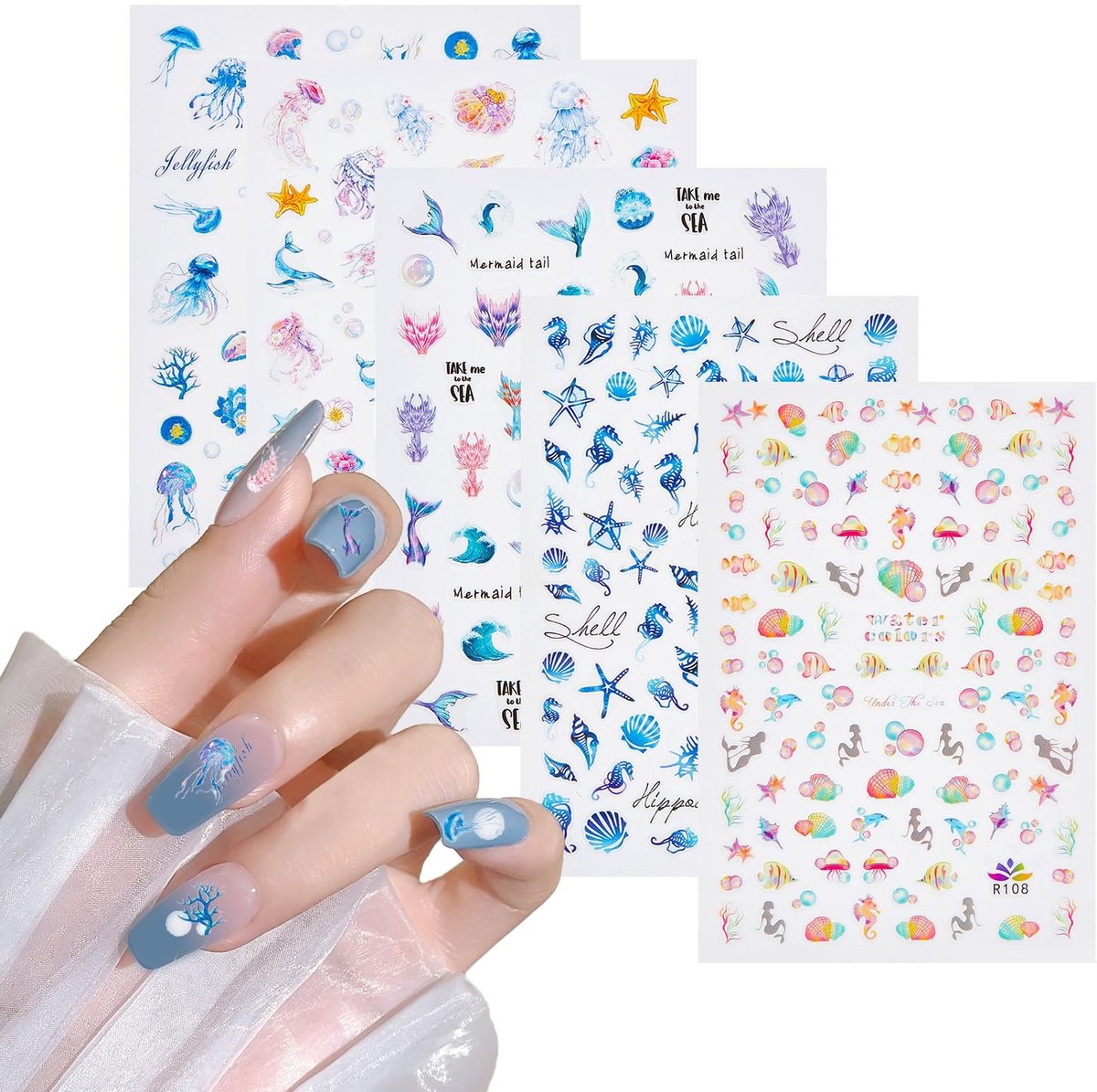 Dailygoods- Nagelstickers Veelkleurig - Zeemeermin Decoratie - Zelfklevende Nagelfoliestickers - Multisize - 5 Vellen - Klantenservice Beschikbaar - Nageldecoratie