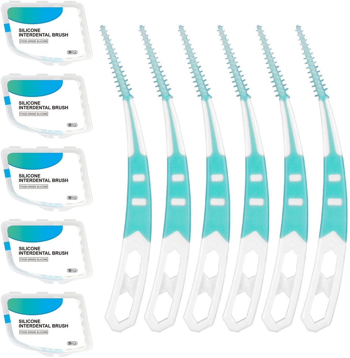 Dailygoods - 60 stuks tussenruimtereinigers, gebogen tussenruimtes, tandenstokers, interdentale reiniger, 5 dozen met elk 12 stuks, gebogen vorm voor tussenruimtes tussen de tanden, draagbaar en hygiënisch voor