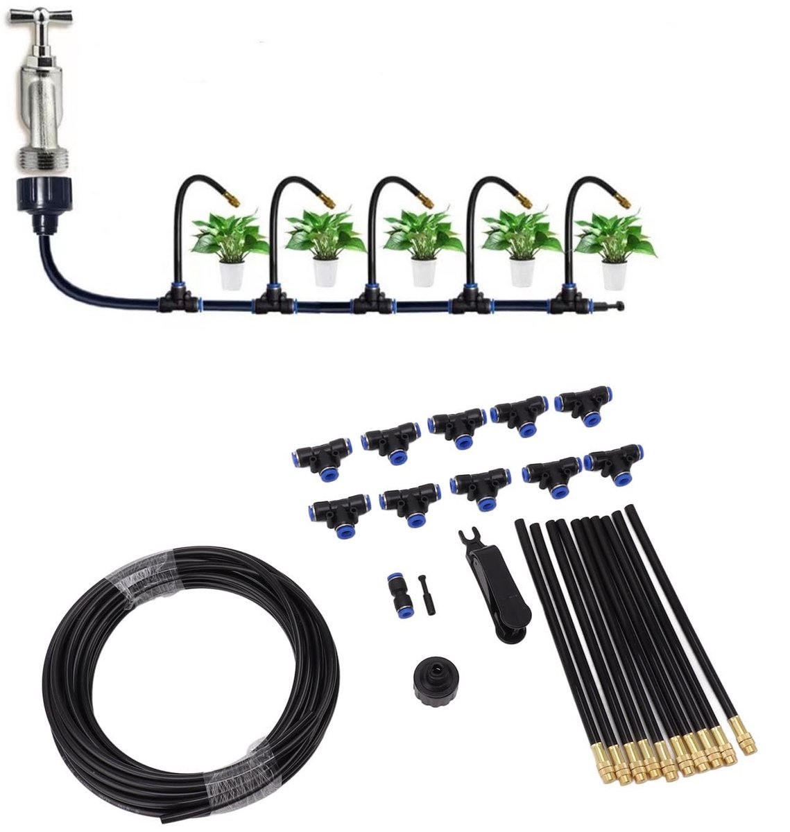 Dailygoods- Irrigatieset 10 m - 360 Graden Verstelbaar Mondstuk - Tuinsproeier - Sproeikop - Eenvoudige Installatie - Complete Accessoires