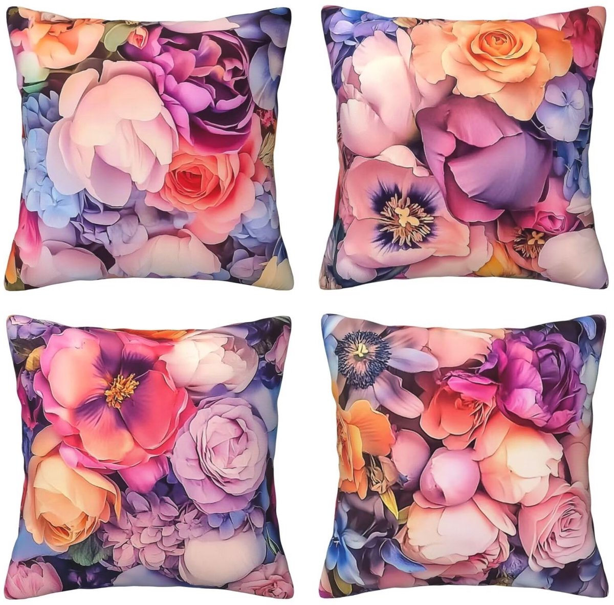 Set van 4 kussenslopen, sierkussenhoezen, kleurrijke bloemen, 65 x 65 cm, behaaglijk, kussenhoes met onzichtbare ritssluiting, zacht, wollig, bankkussen, wasbaar, voor terras, tuin, bank en woonkamer