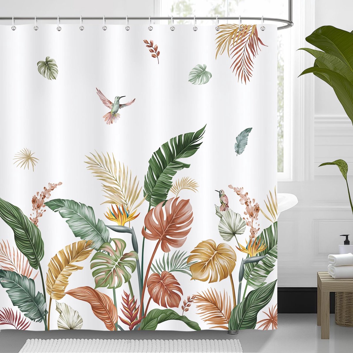 Douchegordijn, retro, tropische bladeren, banaanpalmblad, vogels, badgordijn, 180 x 180 cm, waterdicht, schimmel- en schimmelbestendig polyesterweefsel, badgordijn met 12 haken
