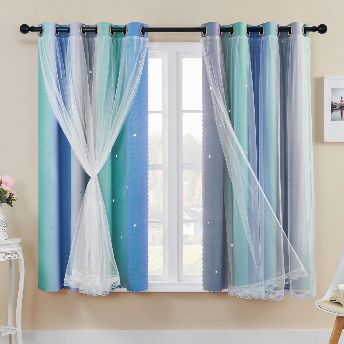Gordijnen met net 137 cm Drop Out Hollow Out Star Pattern Mix wit voile gordijnen met korte oogjes, transparant voor kinderen tienerkamer