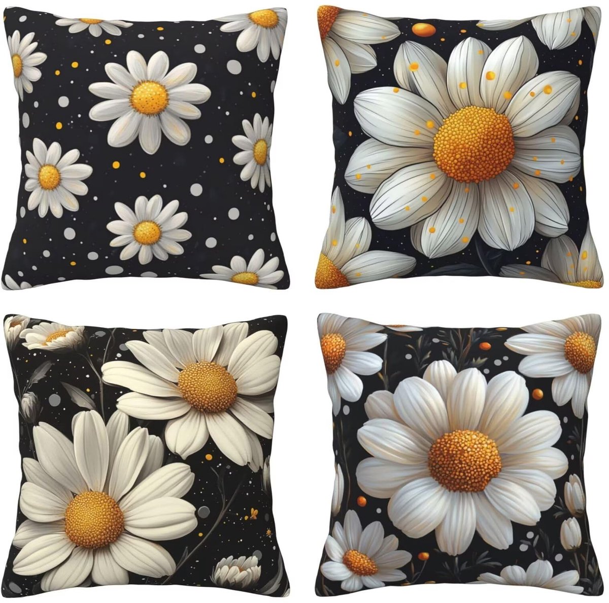 Kussenhoezen voor bank, 65 x 65 cm, set van 4, fluwelen met verborgen ritssluiting, zwarte achtergrond met witte bloemen, vierkant, voor bank, woonkamer, slaapkamer en stoel, decoratief