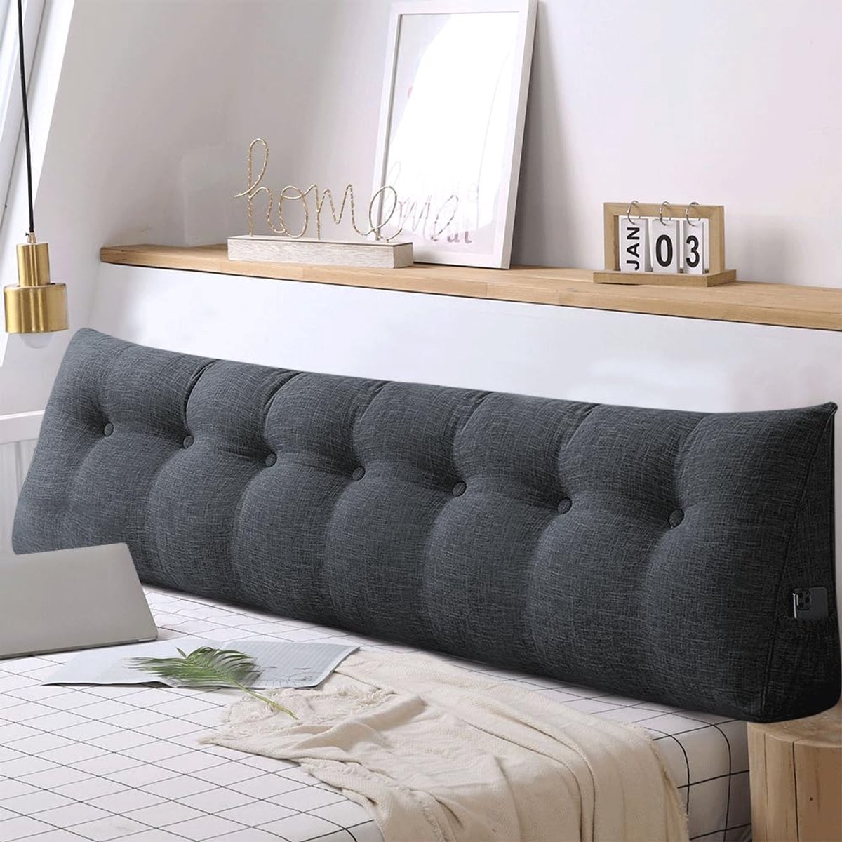 driehoekig, lendensteun, groot rugkussen, katoen en linnen, leeskussen voor bed, leeskussen, afneembaar (DonkerGrijs, 200 x 50 x 20 cm, Katoen en Linnen)