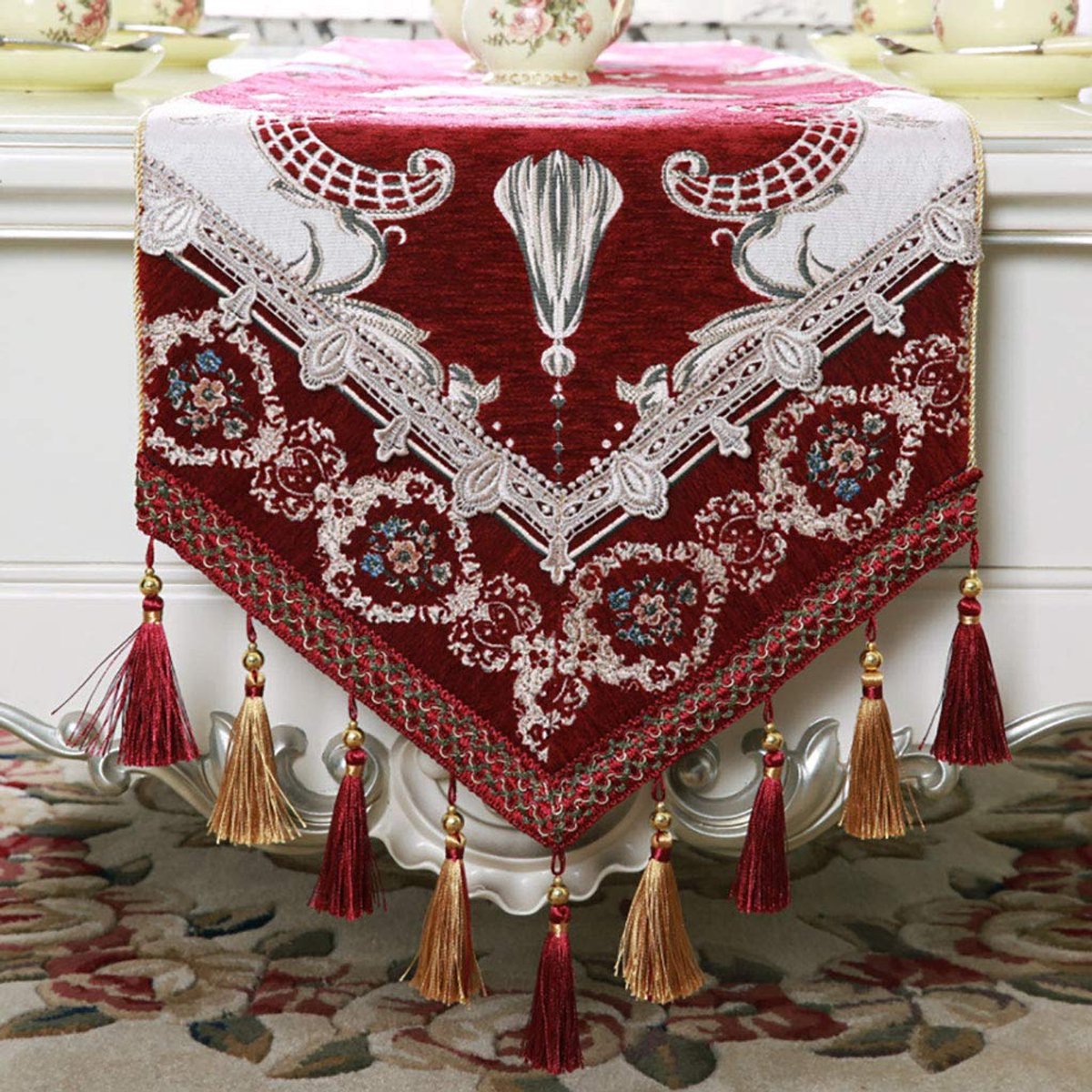 Tafelloper, handgemaakt, holle zoom, polyester, rechthoekige tafelloper en commodesjaals, voor thuis en keuken, eettafel decoratie, 4 kleuren