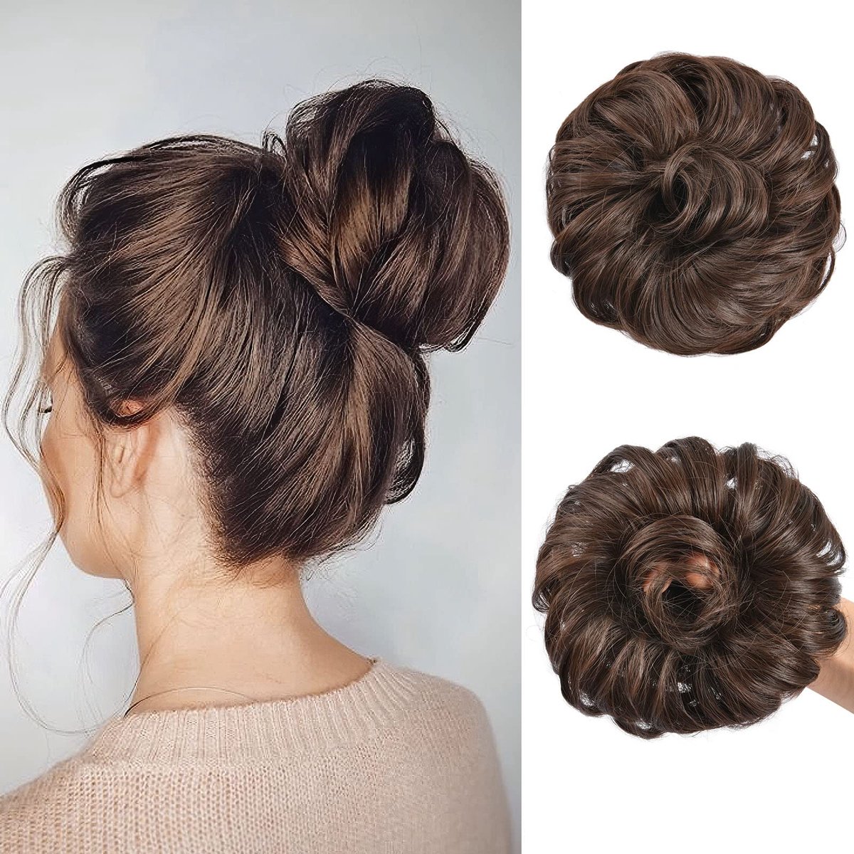 AOMIG Rommelig knothaarstuk, opgestoken haarextensies, krullende golvende extensies, haarstukken, haarscrunchies met knothaar, nep-haaraccessoires voor dames en meisjes