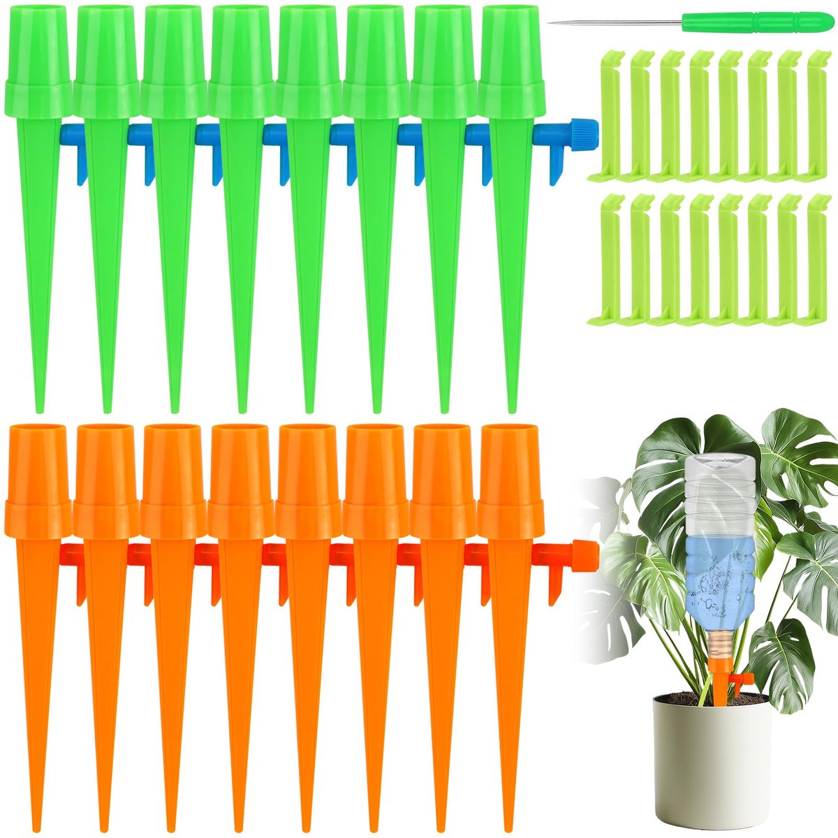 Irrigatiesysteem voor planten, 16 stuks, druppelirrigatie, fles met verstelbaar ventiel en beugelontwerp, ideaal voor watering, indoor- en outdoorplanten