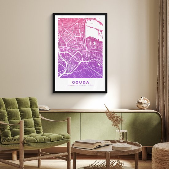 Poster in lijst - Fotolijst 60x90 cm - Posters - Stadskaart - Gouda - Paars - Nederland - Posterlijst zwart - Decoratie - Wanddecoratie woonkamer - Muurdecoratie slaapkamer