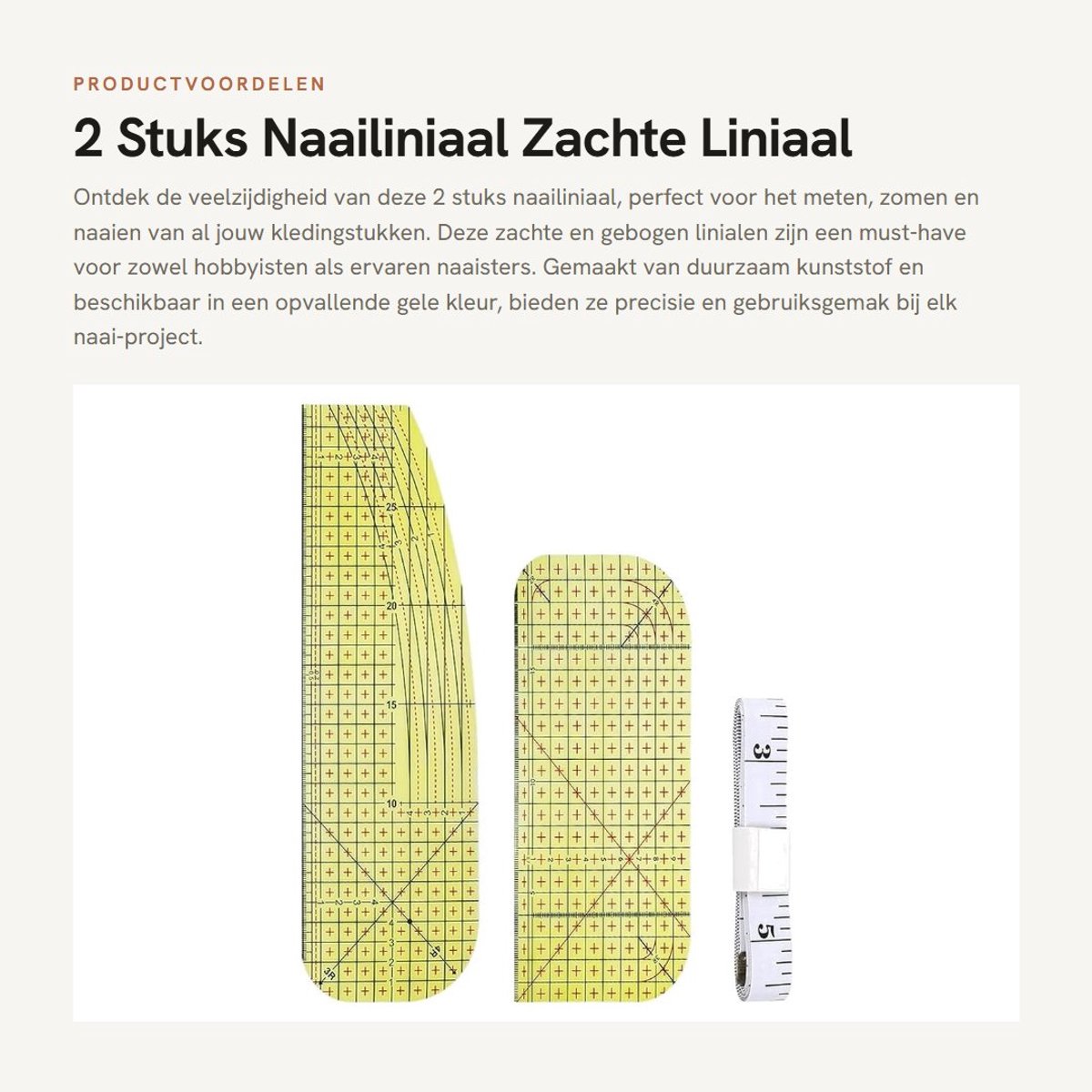 Dailygoods- Naailiniaal 2 Stuks - Zachte/Gebogen Liniaal - Kunststof - Compact Snij-accessoires - 20x10 cm/30,5x10 cm - Licht en Duurzaam - Meetliniaal
