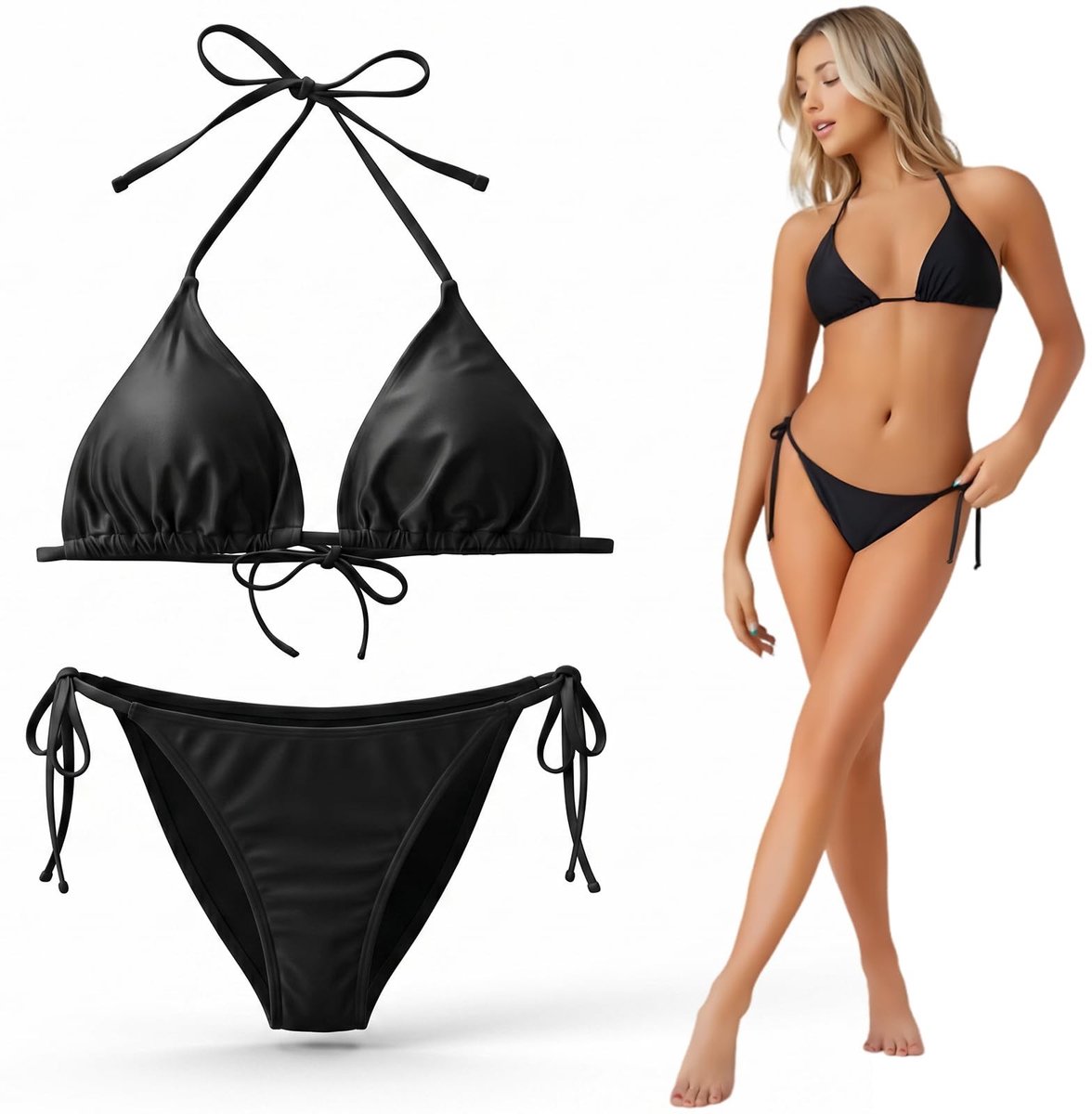 Dailygoods- Damesbikini Verstelbare Veters - Driehoekige Cup - Braziliaanse Stijl - Taille 66-78 cm - Licht Zwart Badmode - Comfortabele Bekleding