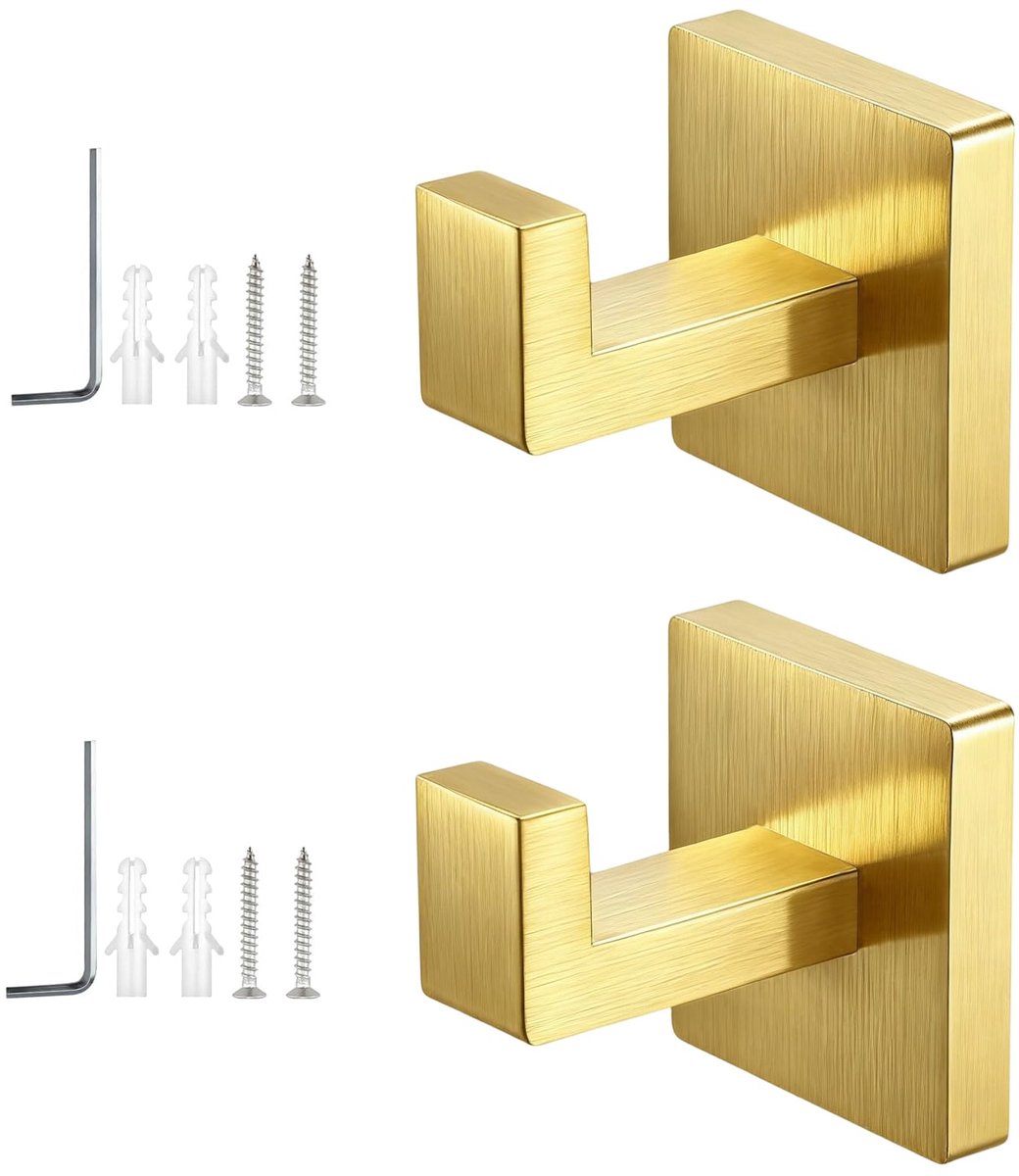 2 stuks handdoekhaken om te boren, geborsteld gouden wandhaken van 304 roestvrij staal, verborgen montage met vierkante sokkel en installatiegereedschap, voor badkamer, keuken, kantoor