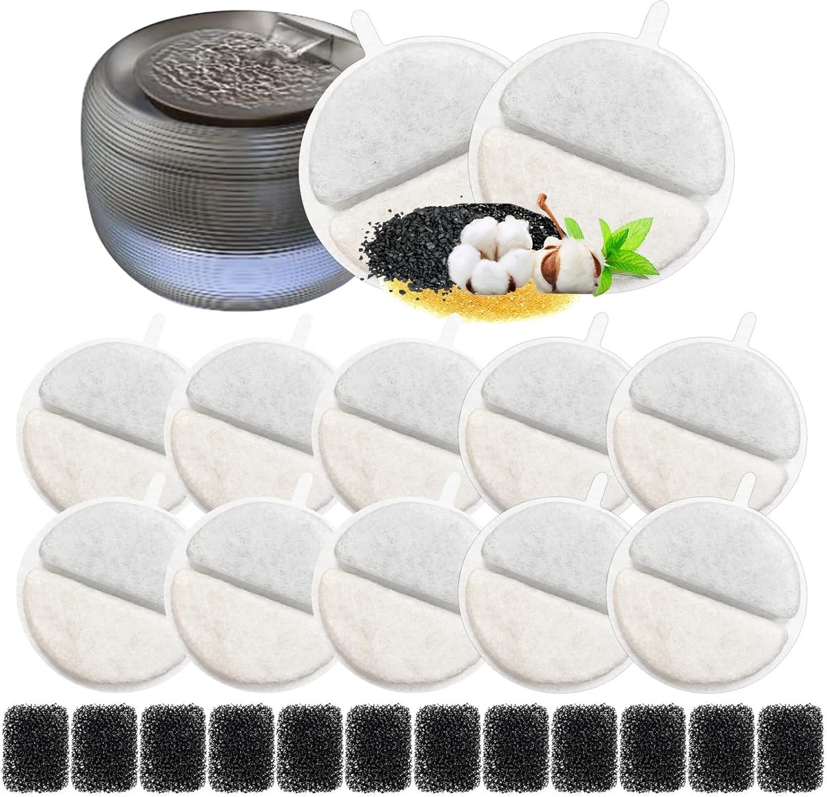12+12 stuks drinkfontein katten vervangingsfilter, filter voor kattendrinkfontein voor 84 FL oz/2,5L drinkfontein voor katten en honden, met koolfilter en schuimfilter