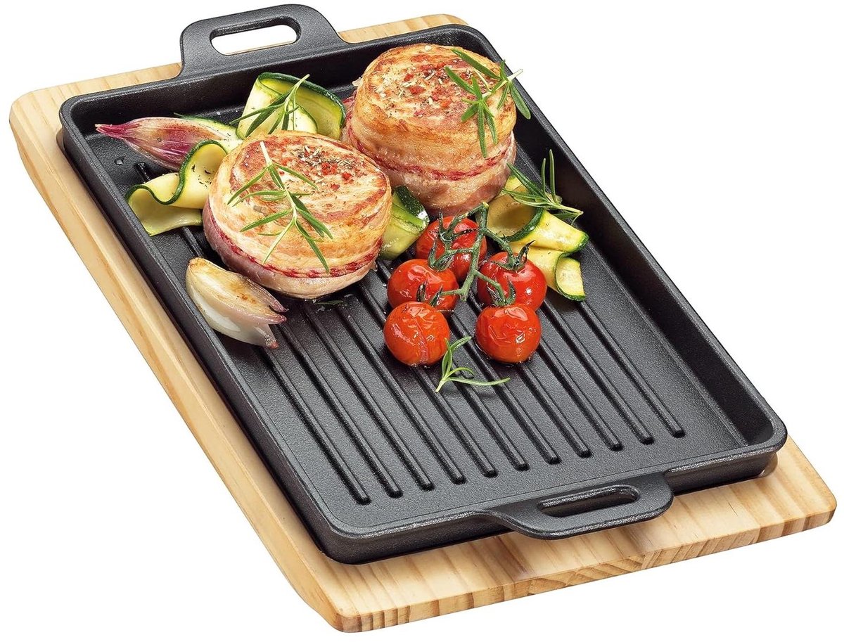 Grillpan Hout Serveringspan Gietijzer Gezellig Tafelen Met Houten Plank 32 x 22 cm Zwart