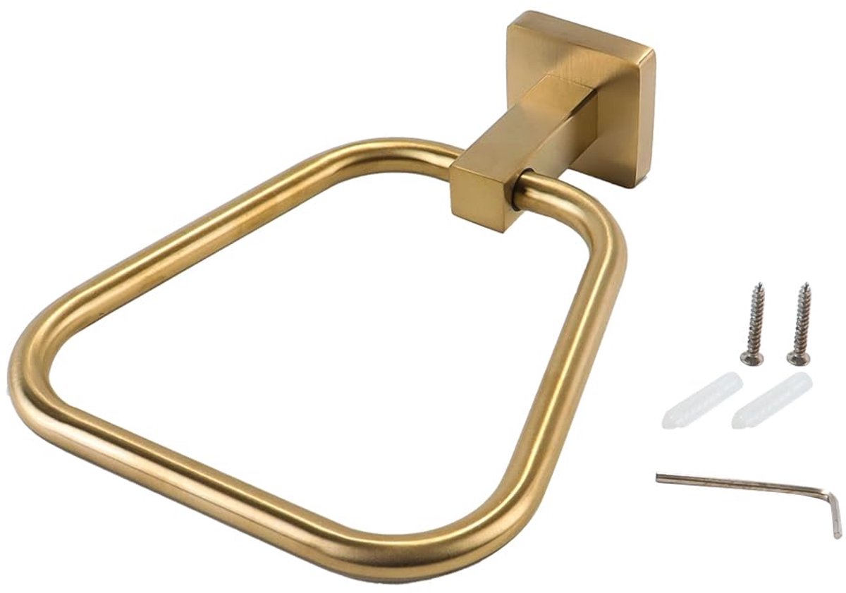 Handdoekring van roestvrij staal 304, trapeziumvormige handdoekhouder voor badkamer, keuken, wandmontage (geborsteld goud)