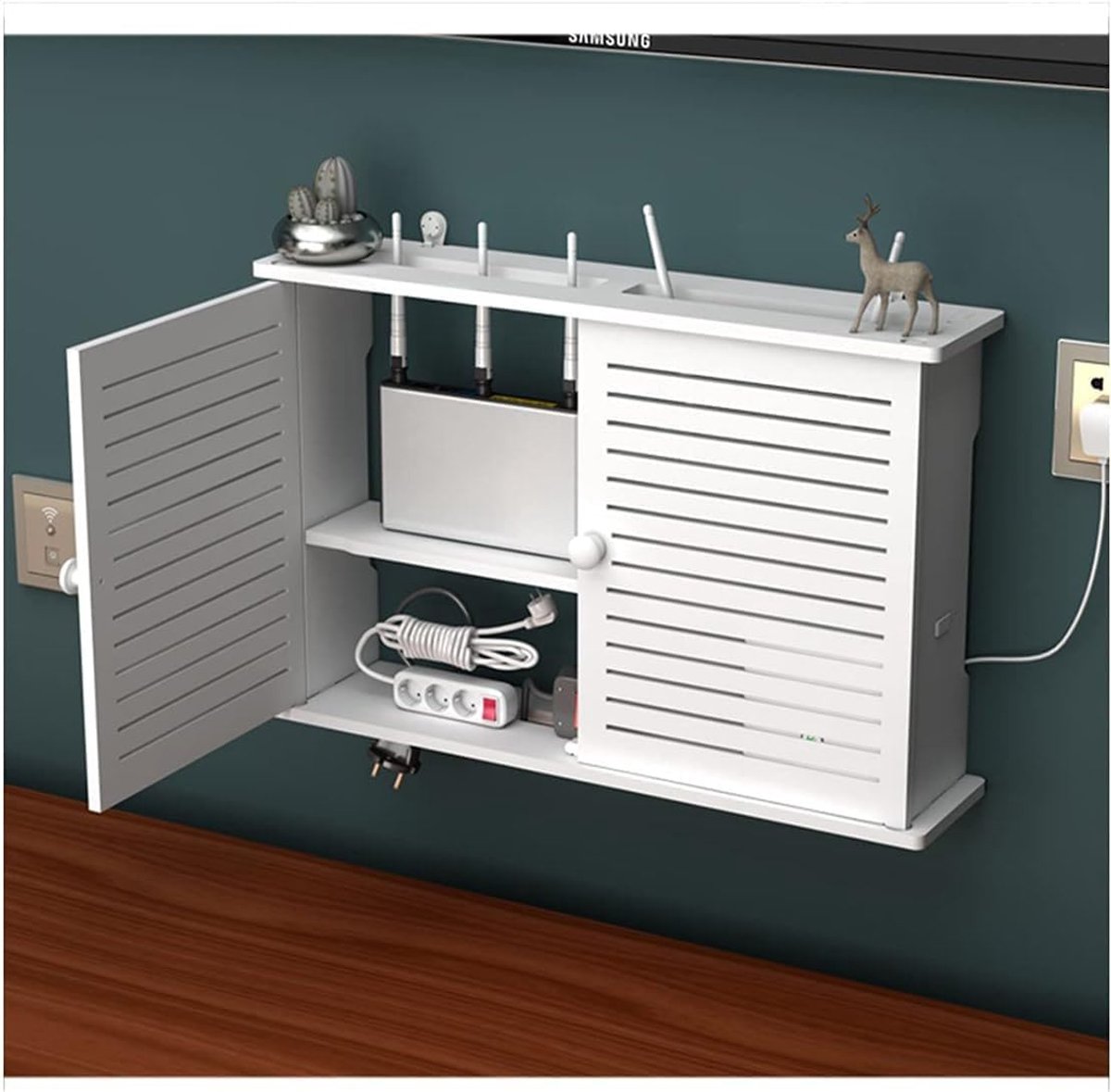 Opbergdoos Wit, Muur TV Kabel Verbergen, Hout en Plastic Wandrek, Kabelbeheer, Zwevend Plank, Kabelorganizer, WiFi Router Opslag