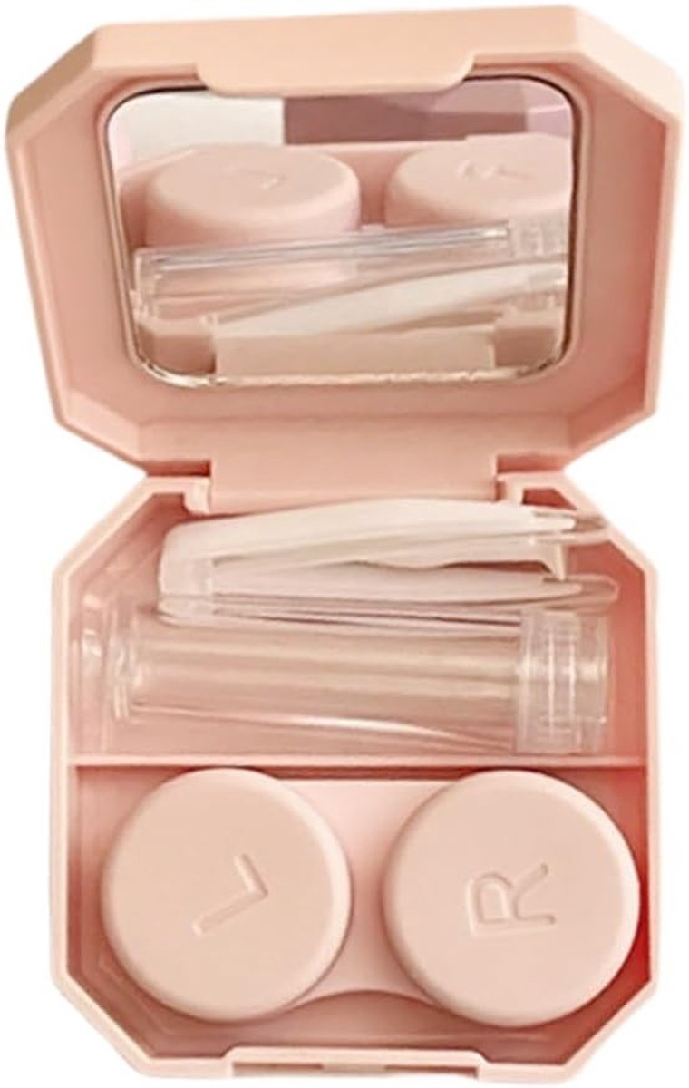 Draagbare contactlenzenhouder met spiegel en opbergdoos, ideaal voor reizen en dagelijks gebruik, roze kleur