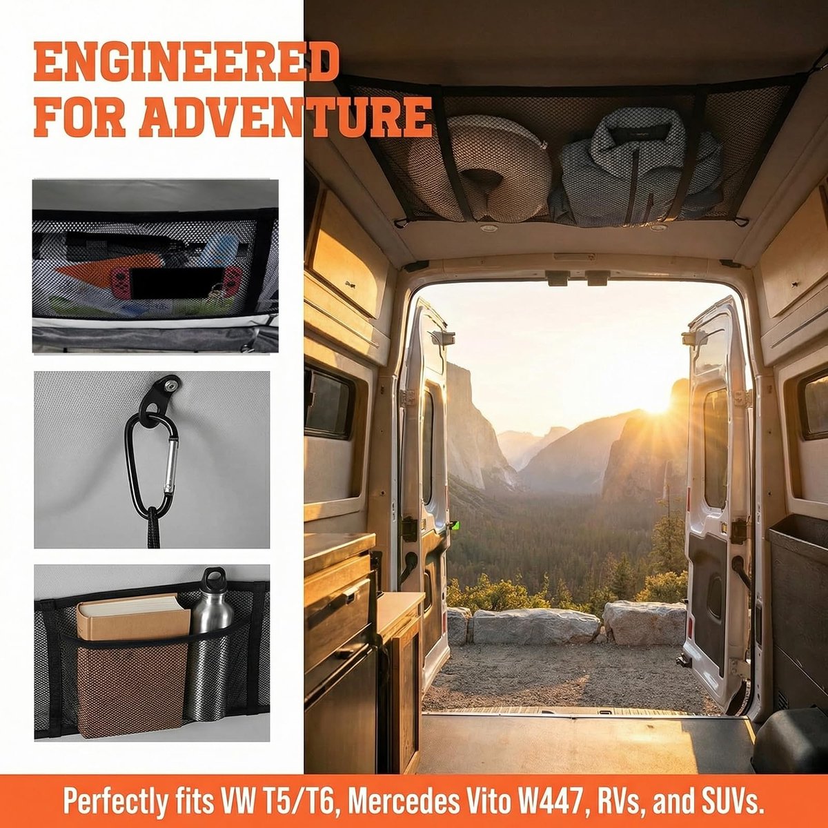 vervanging voor VW T5/T6 opsteldak, elastisch dak bagagenet nylon nettas met 4 haken voor VW T5, T6, Beach California, Multivan Caravelle Bulli
