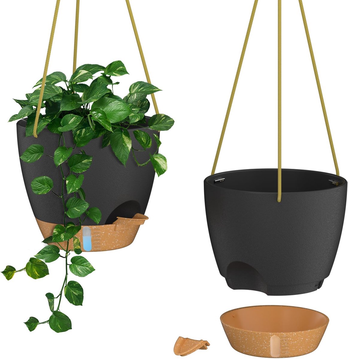 25cm Hangende Plantenpotten met Watering Inlet Zelf Water gevende Plantenbak met Drainagegaten en Schotel Plastic Bloempot voor Binnen Buiten Planten (Donkergrijs, Set van 2)